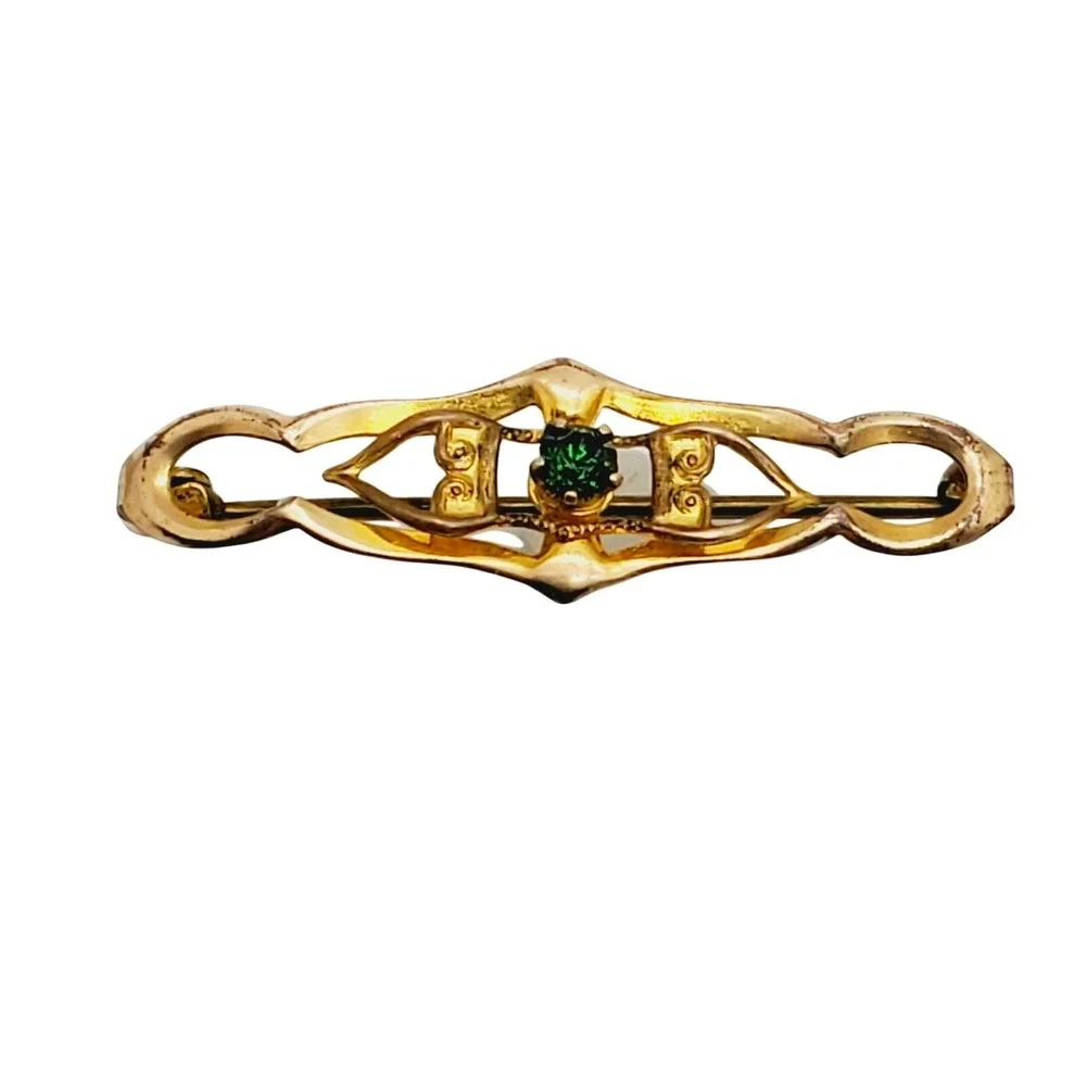Antique Bar Pin Gold Tone Green Rhinestone Filigree Brooch Victorian Revival Vtg